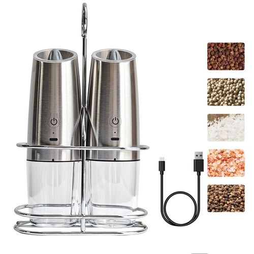 Moulin Électrique à Induction avec Détection existent de Gravité,Salière,Épices,Bouteille d'Assaisonnement de Cuisine - Type 2Pcs silvery