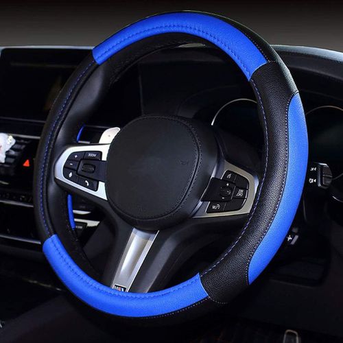 Kal-Couvre Volant Voiture En Cuir,Universelle Protection Volant Voiture 38cm,Cache Volant Voiture Sport Courbes Souple Respirant Anti Dérapant (Noir-Bleu)