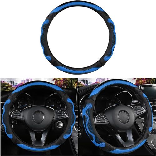 Kal-Antidérapante Et Respirante En Fibre Carbone Accessoires Auto, Couvre Volant Voiture Imperméable, Housse De Volant En Fibre De Carbone Avec Jonction Bicolore Universelle(Noir Bleu)