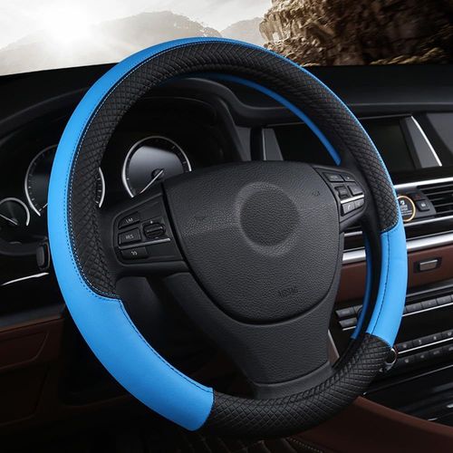 Kal-Couvre Volant Voiture En Cuir Couleurs Patchwork Housse Volant Voiture Universels 38cm Élastique Imperméable Protection Volant Voiture Accessoires Interieur Bleu