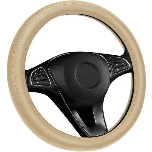 Kal-Housse De Volant De Voiture Universelle 14,5-15 Pouces Avec Cuir Véritable, Motif De Gaufrage Antidérapant A, Noir Avec Ligne Rouge (Caoutchouc Cuir Couche Supérieure + Beige)