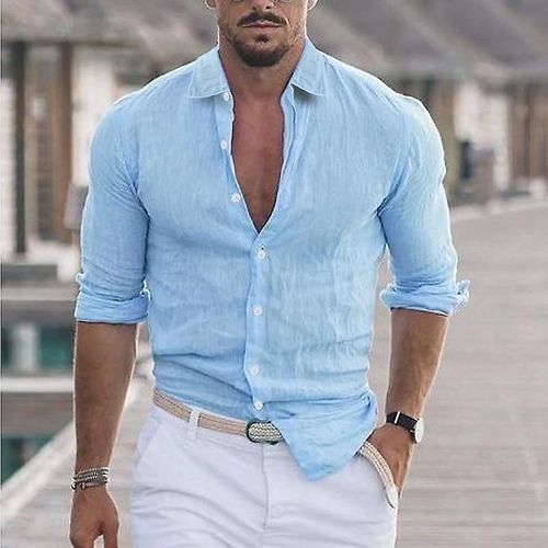 Chemise De Plage À Revers En Coton Et Lin Pour Hommes, Bleu Ciel S