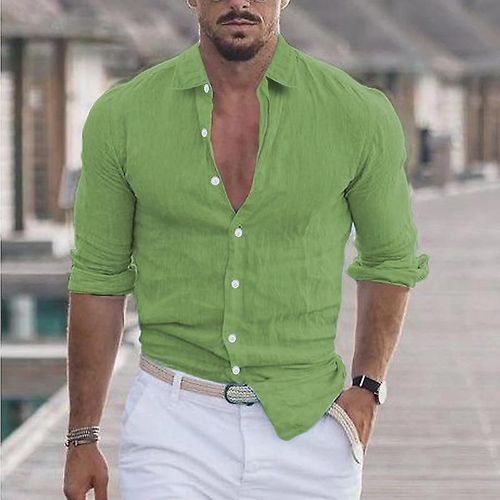 Chemise De Plage À Revers En Coton Et Lin Pour Hommes, Vert Xxl
