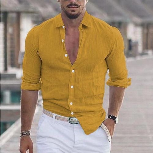 Chemise De Plage À Revers En Coton Et Lin Pour Hommes, Jaune Clair M