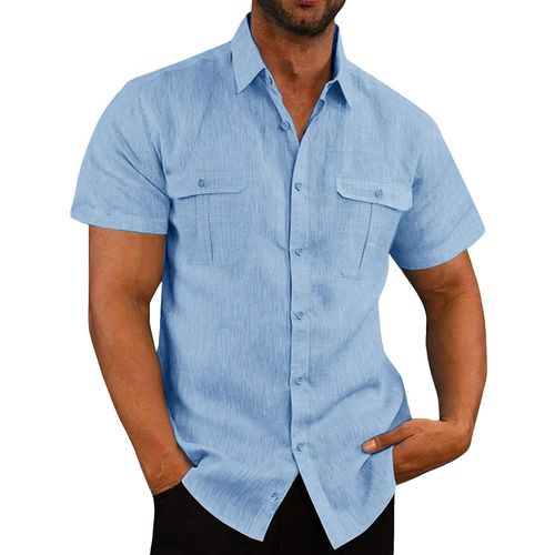 Chemise À Manches Courtes En Coton Et Lin Pour Hommes, Bleu Clair Xxl