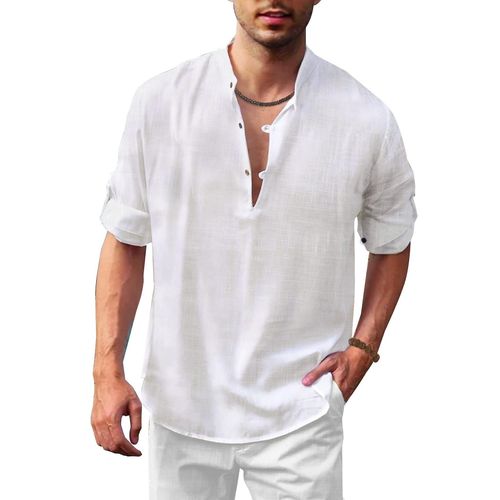 Chemise Homme Lin Col Montant Manches Longues Blanc Xxl