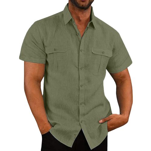 Chemise À Manches Courtes En Coton Et Lin Pour Hommes, Vert Foncé Xxxl