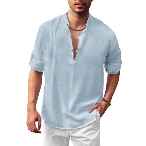 Chemise À Manches Longues En Lin Pour Hommes, Bleu Ciel M