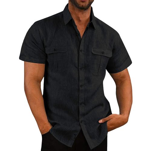 Chemise À Manches Courtes En Coton Et Lin Pour Hommes, Noir Xl