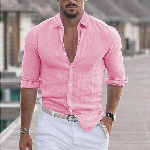 Chemise De Plage À Revers En Coton Et Lin Pour Hommes Rose S