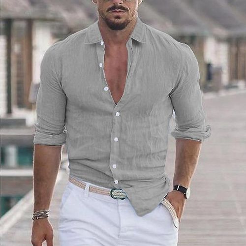 Chemise De Plage À Revers En Coton Et Lin Pour Hommes, Gris S