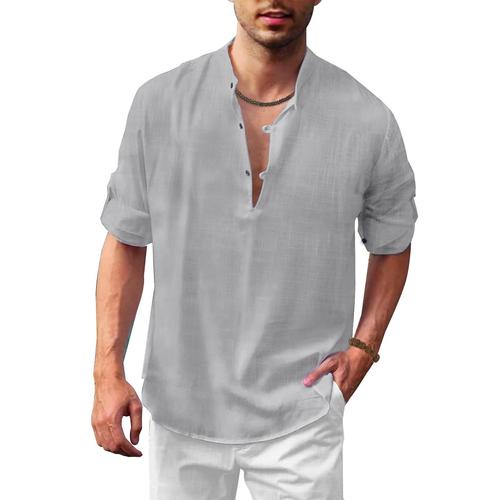 Chemise À Manches Longues En Lin Pour Hommes, Gris L