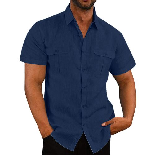 Chemise À Manches Courtes En Coton Et Lin Pour Hommes, Bleu Foncé L