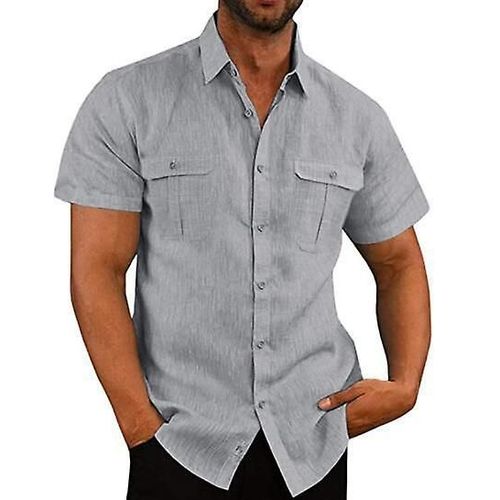 Chemise À Manches Courtes En Coton Et Lin Pour Hommes, Gris Xxxl