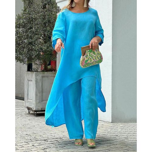 Ensemble Deux Pièces En Coton Et Lin Pour Femmes, Pantalon Ample Décontracté À Manches Longues Et Jambes Larges, Bleu Ciel S