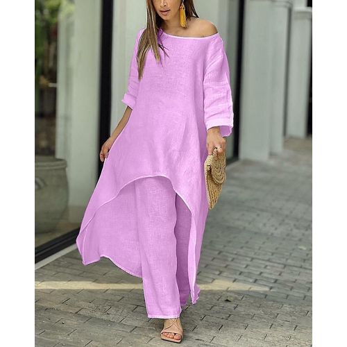 Ensemble Deux Pièces En Coton Et Lin Pour Femmes, Pantalon Ample Décontracté À Manches Longues Et Jambes Larges, Rose M