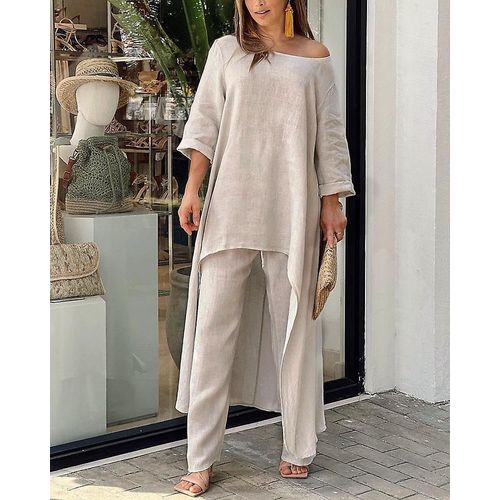 Ensemble Deux Pièces En Coton Et Lin Pour Femmes, Pantalon Ample Décontracté À Manches Longues Et Jambes Larges, Gris Blanc Xxl