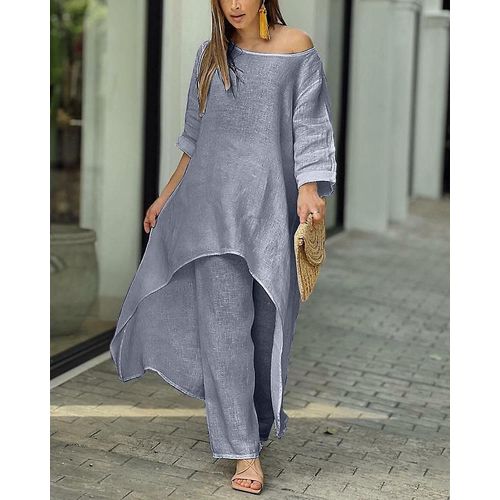 Ensemble Deux Pièces En Coton Et Lin Pour Femmes, Pantalon Ample Décontracté À Manches Longues Et Jambes Larges, Gris Foncé L