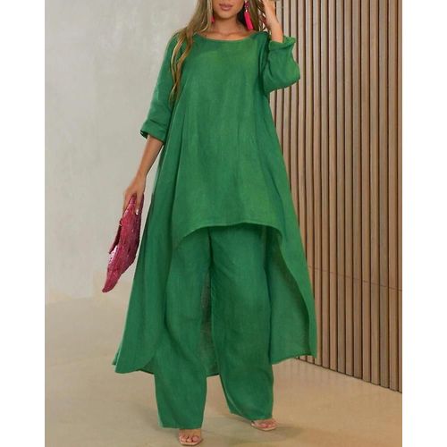 Ensemble Deux Pièces En Coton Et Lin Pour Femmes, Pantalon Ample Décontracté À Manches Longues Et Jambes Larges, Vert Xxl