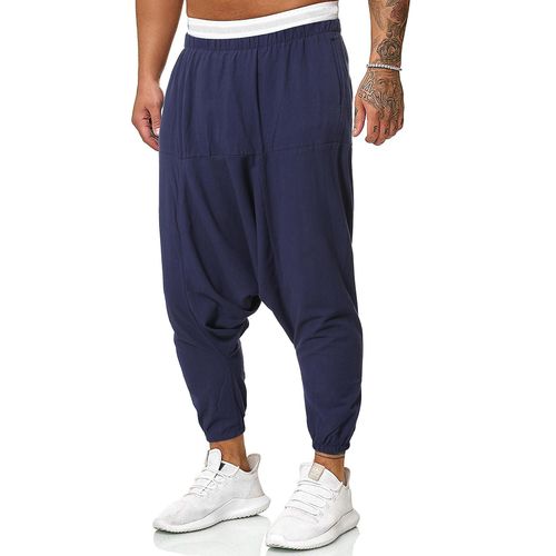 Pantalon Décontracté En Coton Et Lin Pour Homme, Couleur Unie, Bleu Foncé, Xxl