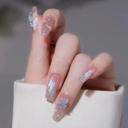 Papillon Glace Couleur Translucide Nail Art Cristal Diamant Écrasé Aurora Translucide Bleu Diamant Modèle Faux Ongles Multicolore