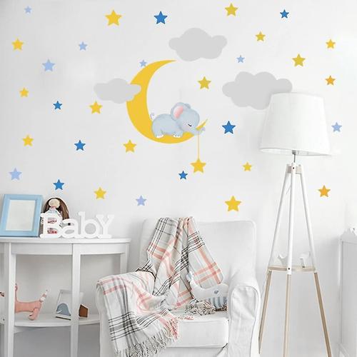 Adorable éléphant autocollant mural lune étoile nuage éléphant volant autocollants muraux Dumbo amovibles autocollants muraux pour la maison salon bébé chambre d'enfant décor