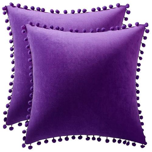 Taies D'oreiller Cosy Doux Pompons Velours Carré 2 Pack 40*40 Cm Violet