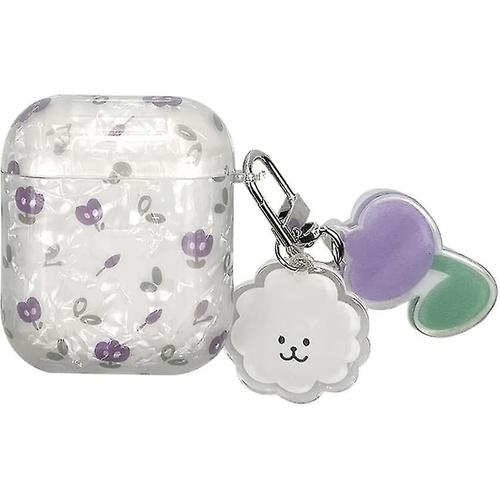 Étui pour Airpods 1 et 2, étui souple transparent, personnalité mignonne et drôle, fleur de mode, motif de tulipe violette, design de mode, anti-chute avec porte-clés pour