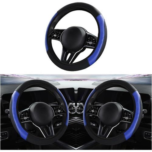 Kal-Antidérapante Et Respirante En Fibre Carbone Accessoires Auto, Housse De Volant De Voiture En Cuir, Fibre Carbone Sport Housse Volant Bande Élastique Sans Anneau Intérieur(Bleu)