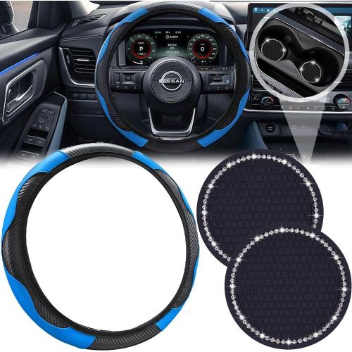 Kal-Couvre Volant Voiture En Cuir Pu Microfibre, Housse Volant Voiture Respirant Et Antidérapant 38cm, Bleu