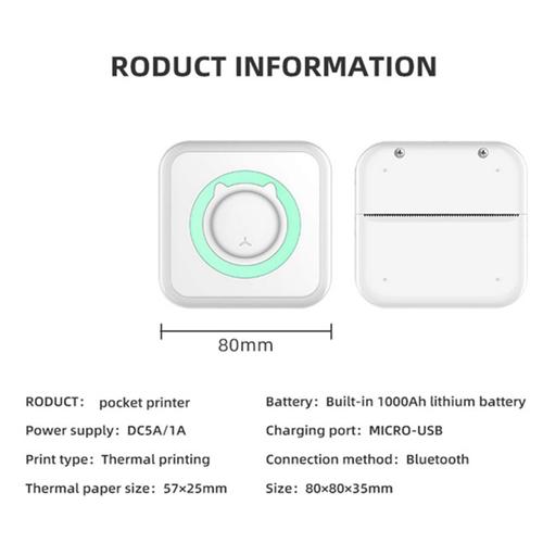 Mini Imprimante Thermique Portable Imprimante D'éTiquettes Multifonction Sans Fil Bluetooth avec Papier Thermique + Stylo Couleur A