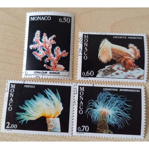 4 Timbres Neufs Oblitérés Monaco 1981, Consacrés Aux Animaux Des Mers: Corallium À 0,50f, Calliactis À 0,60f, Protula À 0,50 Et Cerianthus À 0,70f.