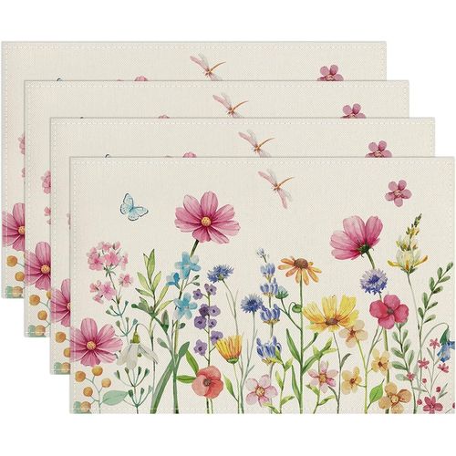 Eryi-Lot De 4 Sets De Table Fleurs Printemps, Sets De Table Marguerite Libellule, Sets De Table Lavable, Décoration Pour Cuisine, Vacances, Fête, 30 X 45 Cm