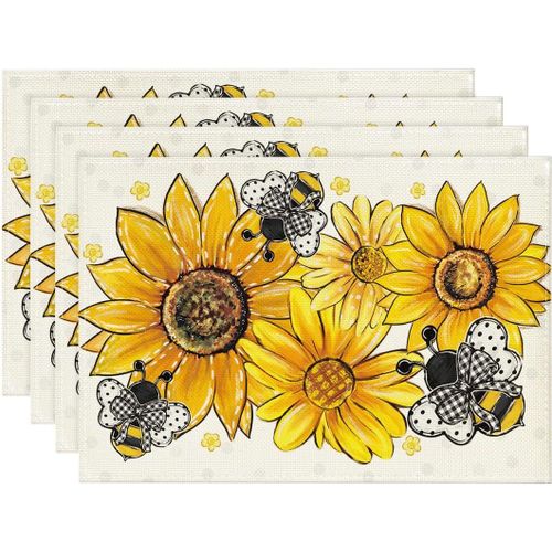Eryi-Lot De 4 Sets De Table, Motif Tournesols, Abeilles, Printemps, 30 X 45 Cm, Lavables, Décoration De Fête, Pour L'été, La Cuisine, L'été, Les Vacances, La Cuisine