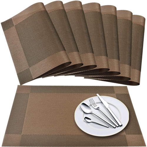 Eryi-Set De Table (Lot De 8), Tapis De Table Tissés En Vinyle Tissé Croisé, Ensemble De Tapis De Table Lavables Isolants Antidérapants - Marron