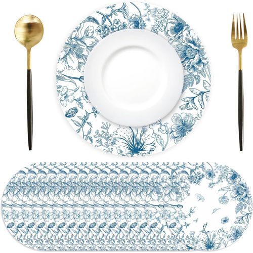 Eryi-Lot De 50 Sets De Table Jetables En Papier Bleu Et Blanc De 33 Cm - Motif Floral Bleu Vintage - Sets De Table Ronds Décoratifs Pour Table De Dîner, Anniversaire, Fête De Mariage