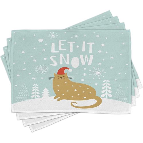 Eryi-Noël Lot De Sets De Table En 4 Pièces, Let It Snow Citer Cute Kitty Cat Avec Chapeau Père Noël Graphique Neige, Tissu Lavable Pour Salle À Manger Et Cuisine, 30 Cm X 45 Cm, Vert Amande Blanc