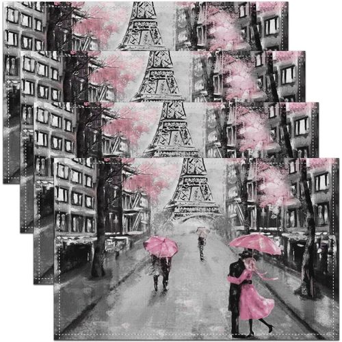 Eryi-Paris Lot De 4 Sets De Table 30 X 45 Cm, Tour Eiffel Française, Pour Table De Terrasse, Cuisine, Rétro, Aquarelle, Fleurs De Cerisier, Lavables Et Résistants À La Chaleur, Gris Rose
