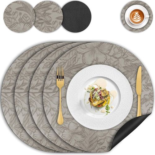Eryi-Set De Table Et Dessous De Verre Lot De 4, Sets De Table Rond Cuir Double Face, Set Table Lavable Imperméables Faciles À Nettoyer, Dessous De Table Antidérapant Résistant À La Chaleur, (Gris Noi
