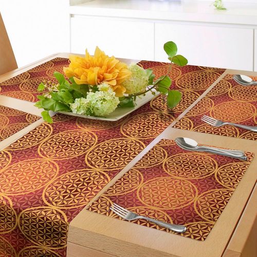 ERYI-Victorien Chemin De Table & 4 Pièces Napperons, Vintage Style Fleur Avec Des Tons Médiévaux Rococo Baroque Motif Ésotérique, Set De Table, 180 X 40 Cm, Rouge Orange