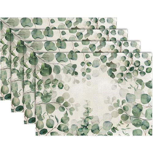 Eryi-Lot De 4 Sets De Table D'été Feuilles D'eucalyptus Verts Sets De Table 30 X 45 Cm Lavables Décoration De Table Pour Le Printemps Vacances Cuisine Fêtes