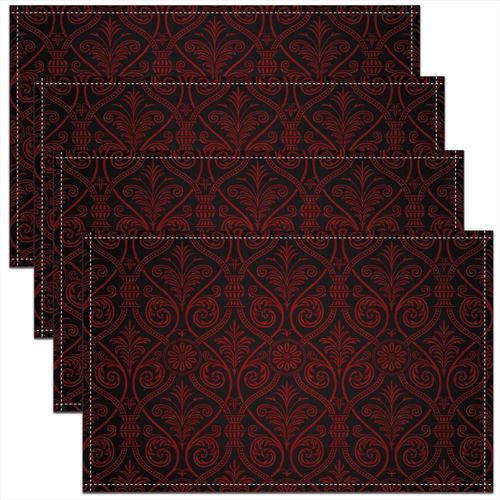 ERYI-Lot De 4 Sets De Table Gothique Rouge Noir Ombre, Tapis De Table Vintage Gothique Floral Damassé, Sets De Table Antidérapants Antique Victorien Baroque, Pour Table À Manger, 45X30 Cm