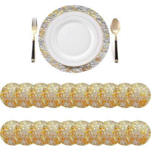 ERYI-Lot De 20 Sets De Table Ronds Jetables Noirs Et Dorés De 33 Cm De Diamètre, En Maille Dorée Pressée Pour Table De Salle À Manger, Mariage, Fête D'Anniversaire, Vacances, Décoration De La Maison