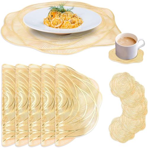 Eryi-Lot De 6 Sets De Table Lavable Et Sous Verres, Dessous De Table Rond Pour La Maison, 38×38cm Plastique Rose Pour La Fête, La Cuisine, La Table À Manger, Le Restaurant, Le Mariage (Or)
