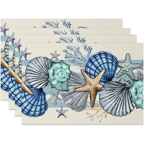 ERYI-Lot De 4 Sets De Table En Lin Lavables Motif Coquillages Et Étoiles De Mer 45 X 30 Cm