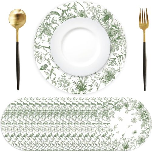Eryi-Lot De 50 Sets De Table En Papier Rond, Vert Fleur Sets De Table Papier, Sets De Table Jetables Vert Sauge Florales, Ø 34 Cm, Décoration De Style Chinois Pour Table, Anniversaire, Mariage, Fête