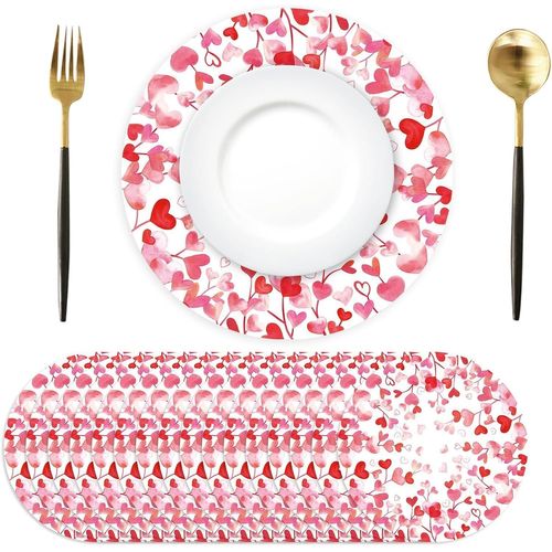 Eryi-Lot De 50 Sets De Table En Papier Rond, Rose Coeur Sets De Table Papier, Sets De Table Jetables Feuilles En Coeur, Ø 34 Cm, Décoration De Table Pour Saint Valentin, Anniversaire, Mariage, Fête