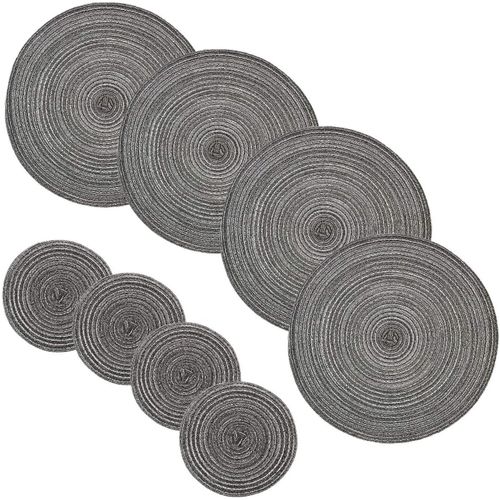 Eryi-Ensemble De 8 Gris Set De Table Rond Tressé Et Caboteurs, 4 Grands Napperons Ronds 36cm Et 4 Petits Dessous De Verre 18cm, Extérieur Intérieur Décorations De Table À Dîner