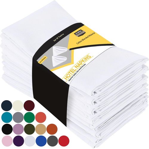 Eryi-Serviettes De Table En Tissu [12 Pack, Blanc] 46x46 Cm En Coton Mélangé Lavable Et Réutilisable Pour L'hôtel, Le Déjeuner, Le Restaurant, Les Mariages, Les Evénements Et Les Fêtes