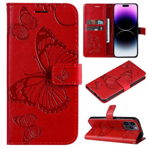 Saturcase Coque Pour Apple Iphone 15 Pro Max, Papillon Gaufrage Pu Cuir Magnétique Flip Portefeuille Support Porte-Carte Protecteur Housse Étui Avec Dragonne Pour Apple Iphone 15 Pro Max (Rouge)